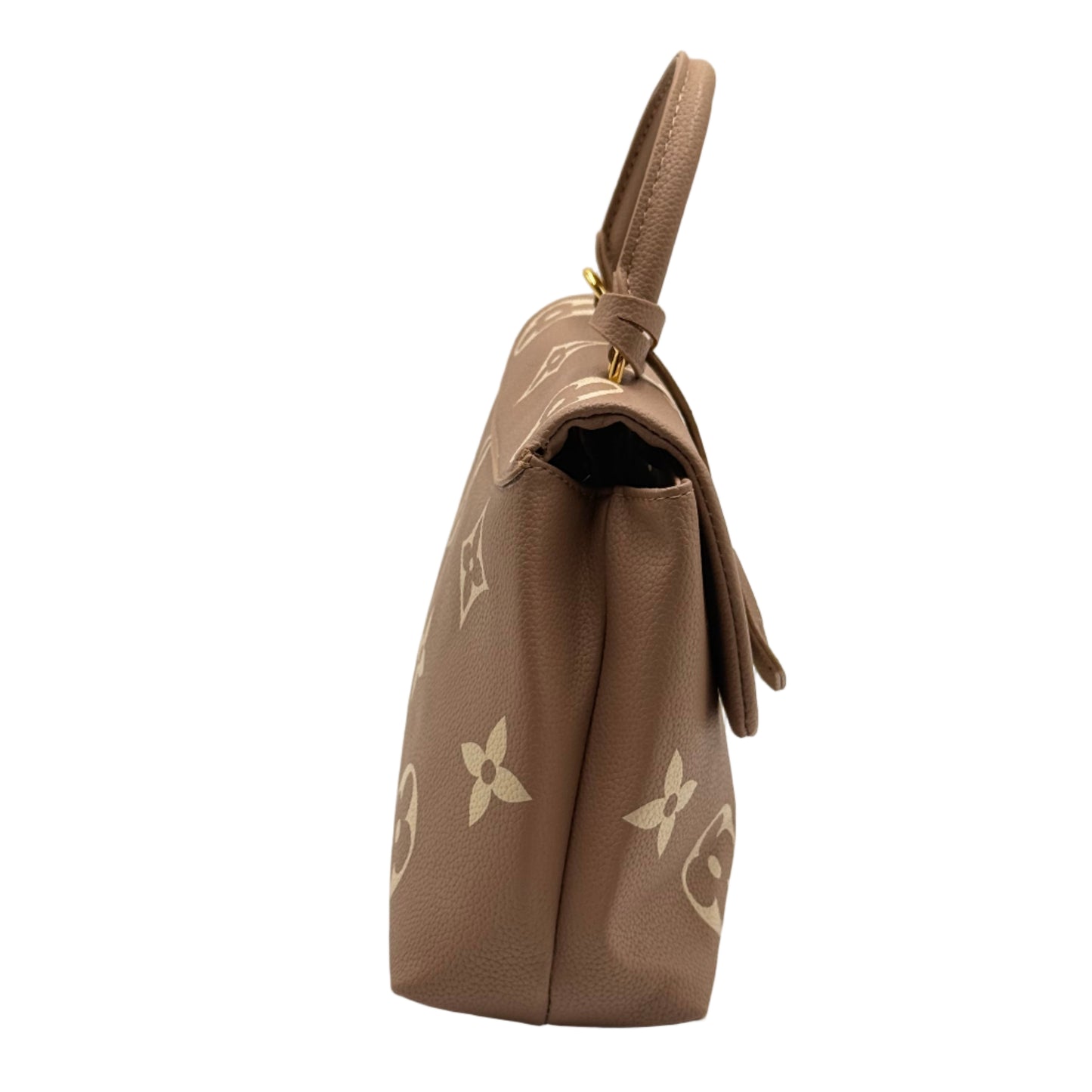 Brown handbag with brand logo on a light gray background