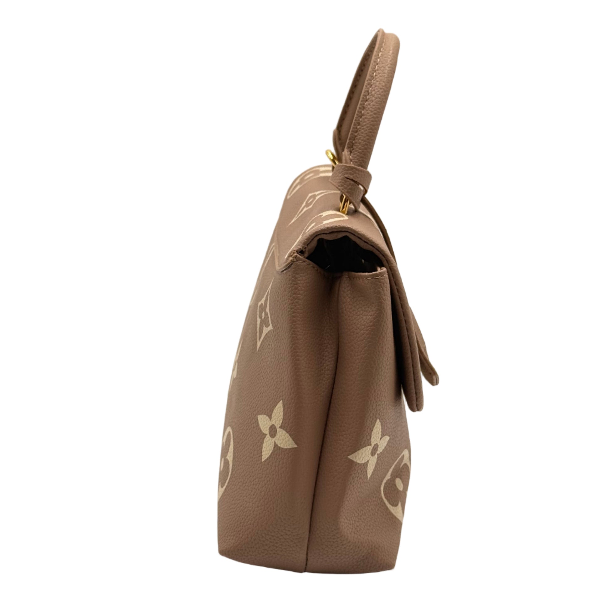 Brown handbag with brand logo on a light gray background