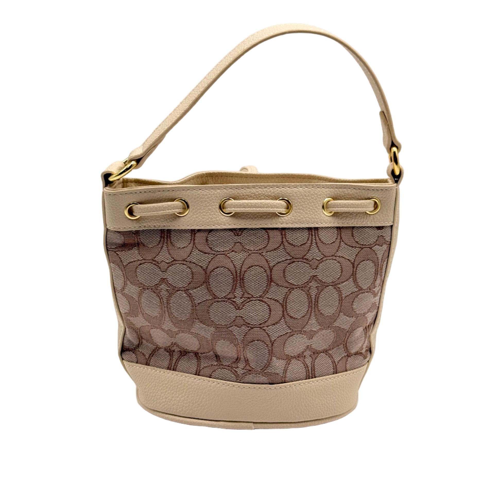 Handbag with a patterned design on a light gray background