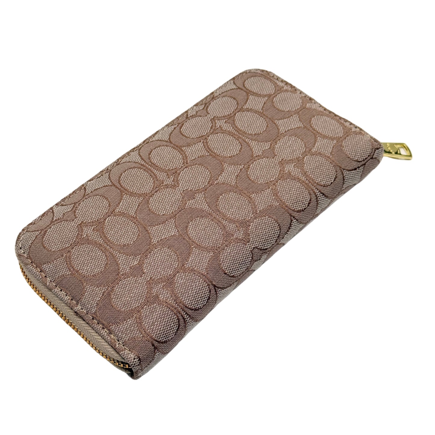 Zipper wallet with brand logo on a light gray background