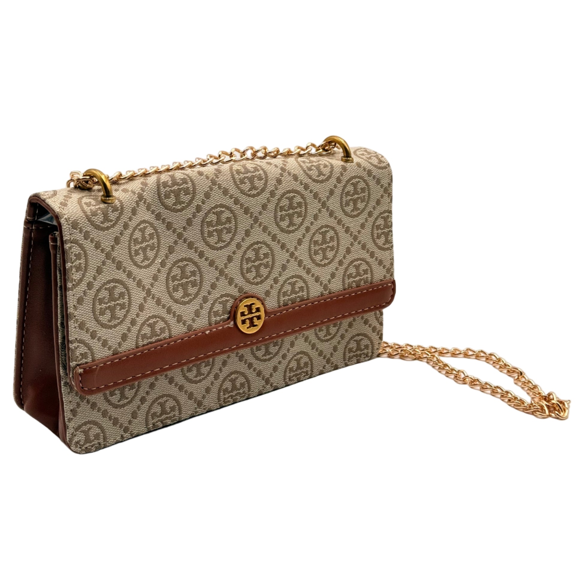 Designer handbag with chain strap on a light gray background