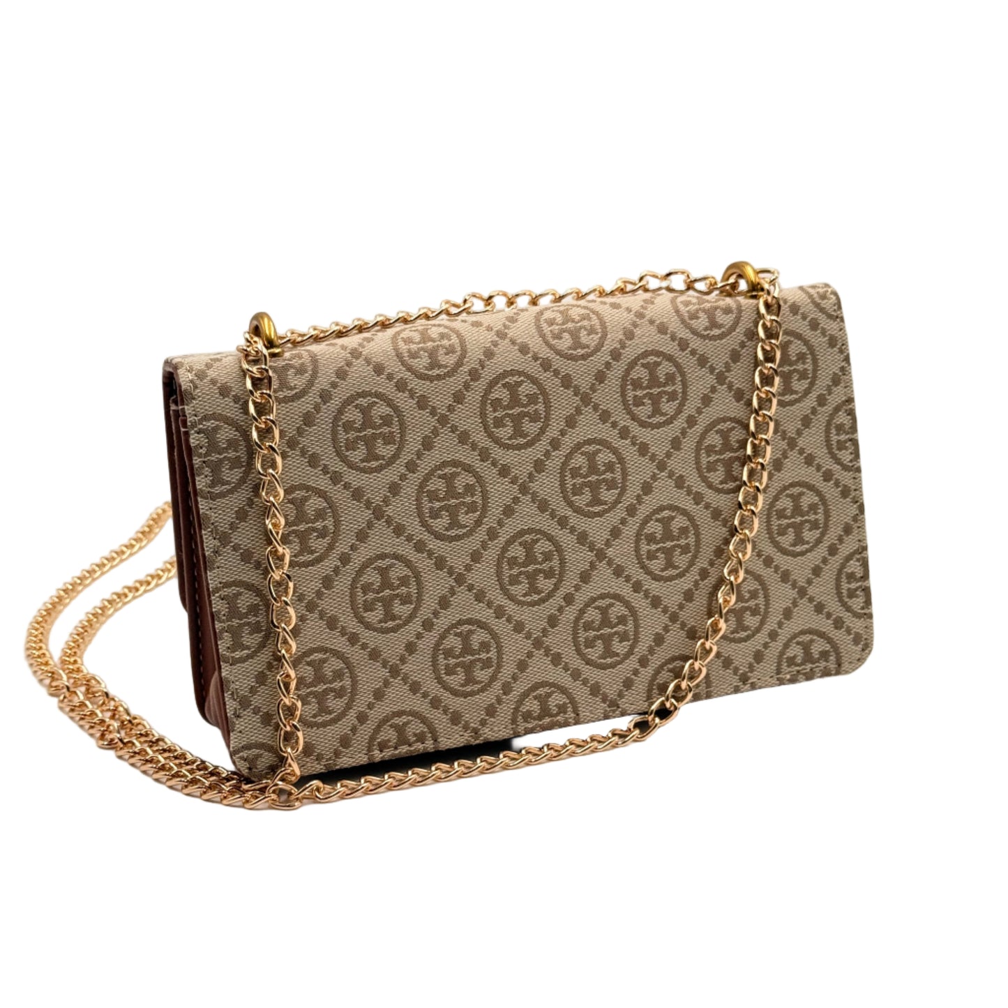 Patterned handbag with gold chain on a light gray background