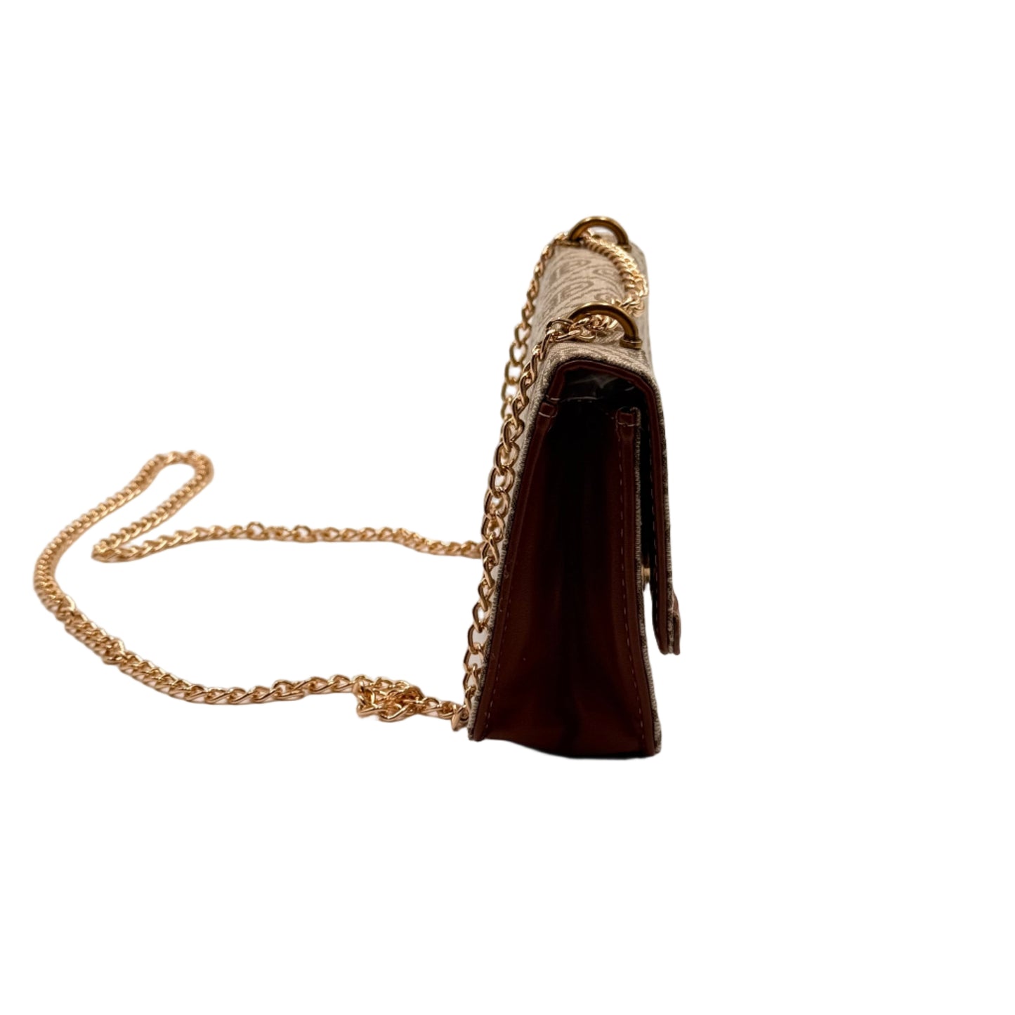 Small black handbag with a gold chain on a light gray background