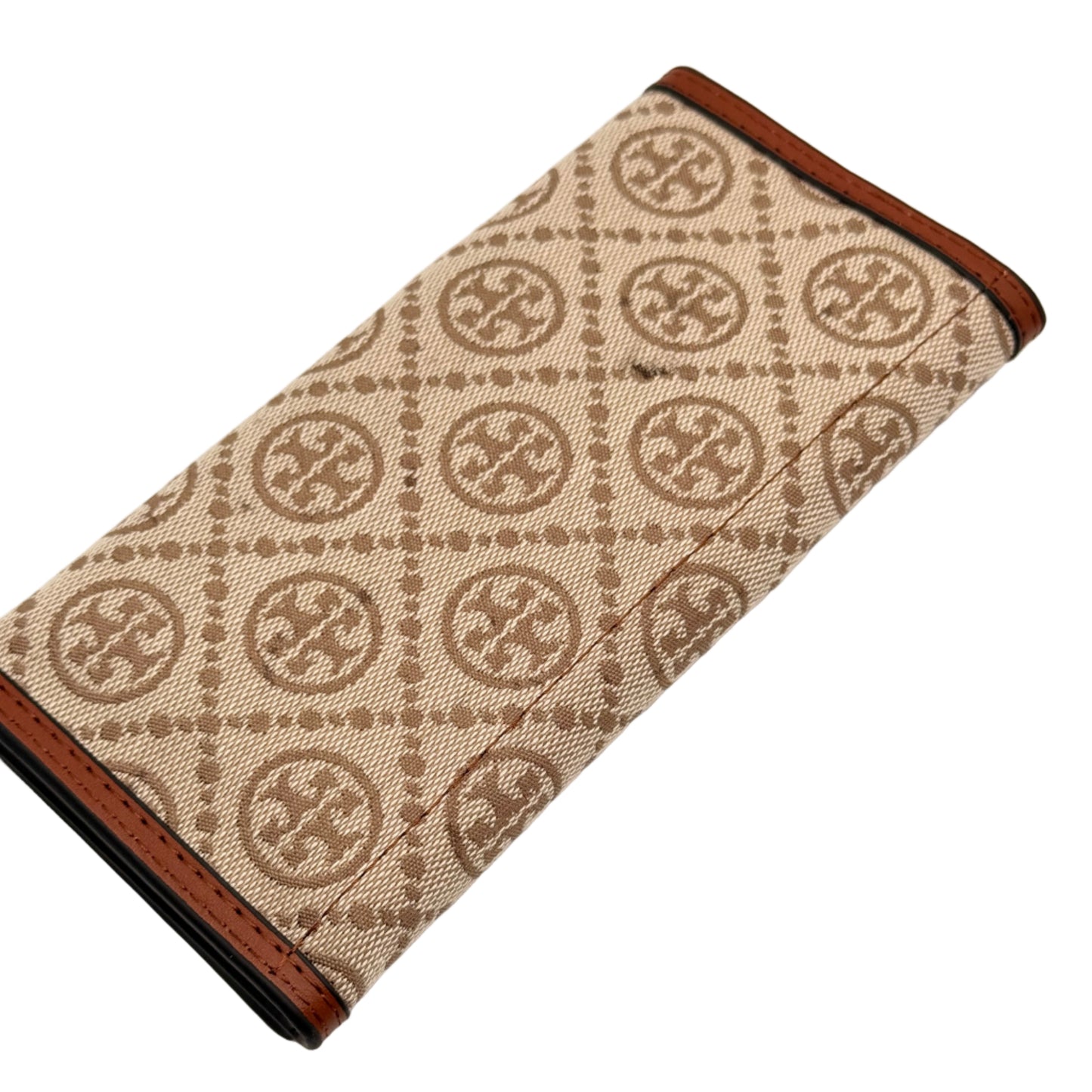 Patterned wallet with brown border on a light beige background