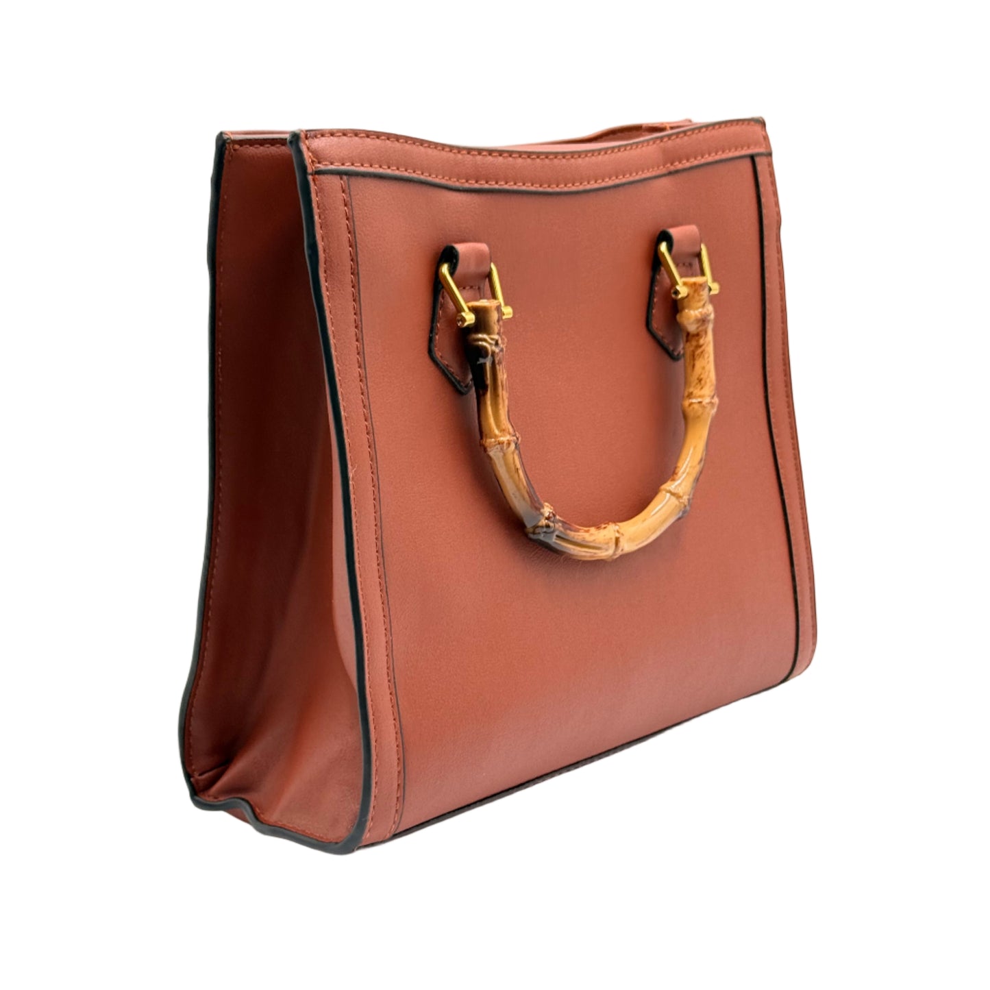 Brown leather handbag with gold handle on a light gray background