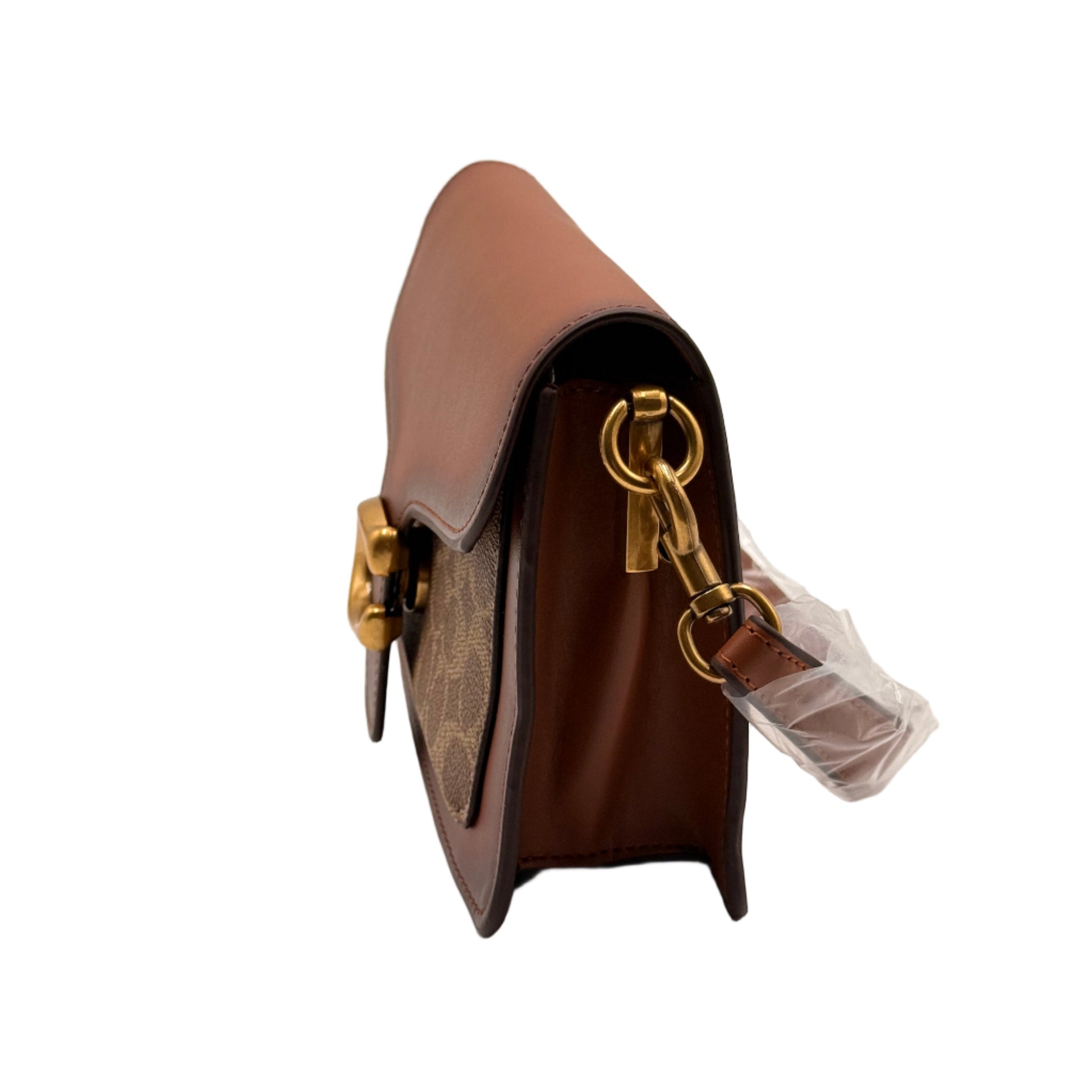 Close-up of a brown handbag with gold hardware on a light gray background