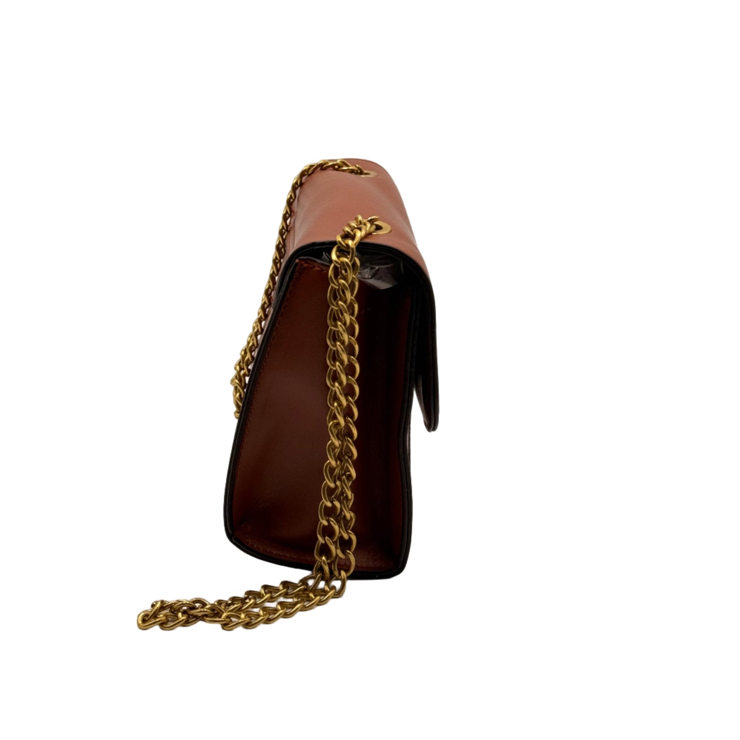 Black high-heeled shoe with gold chain on a light gray background