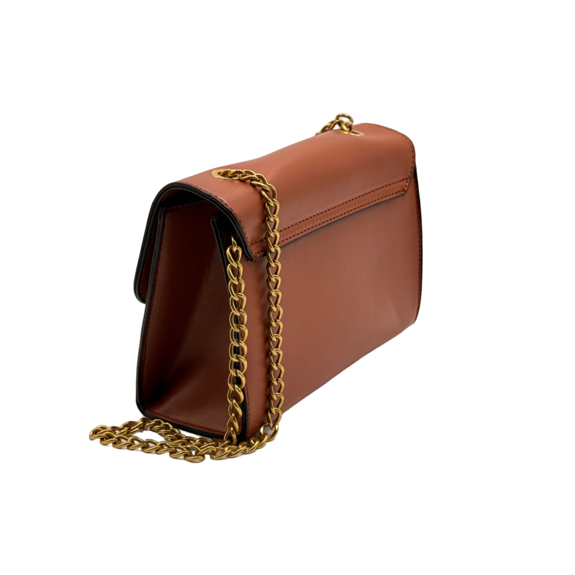 Brown handbag with gold chain on a light beige background