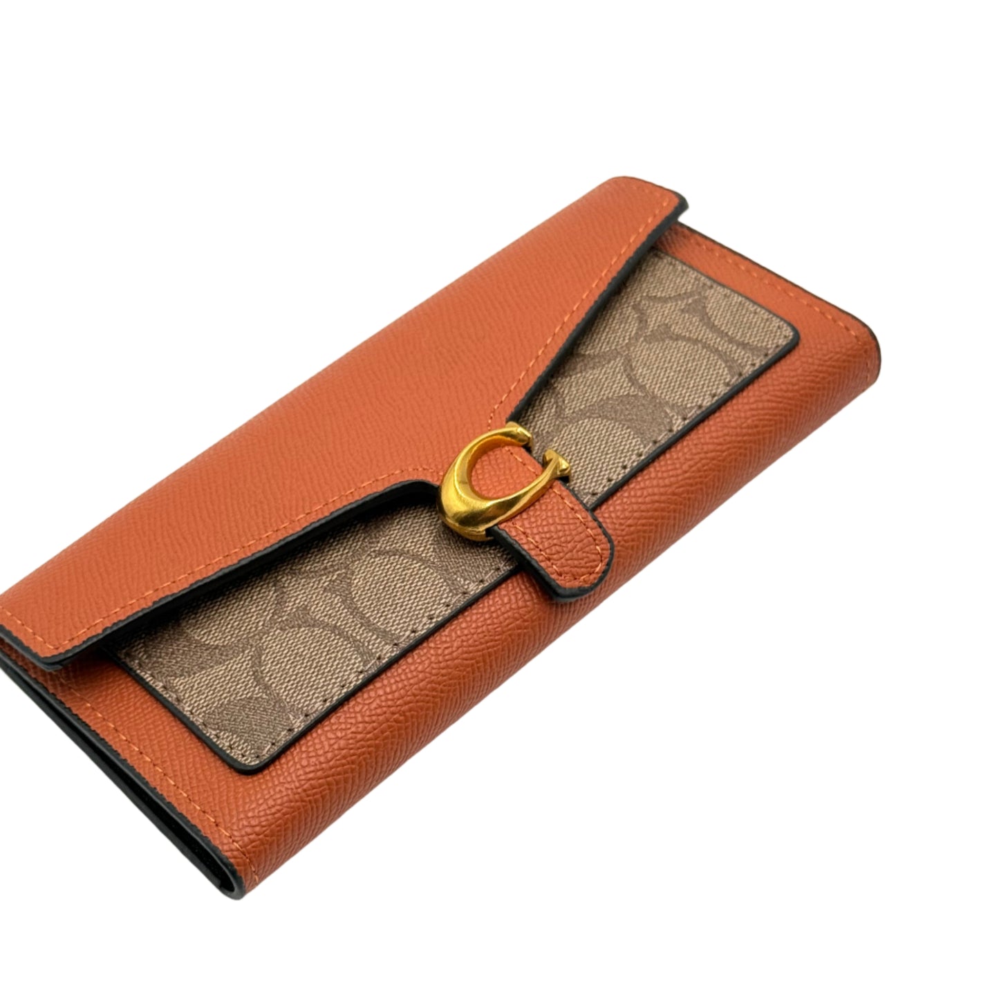 Brown leather wallet with gold buckle on a light gray background