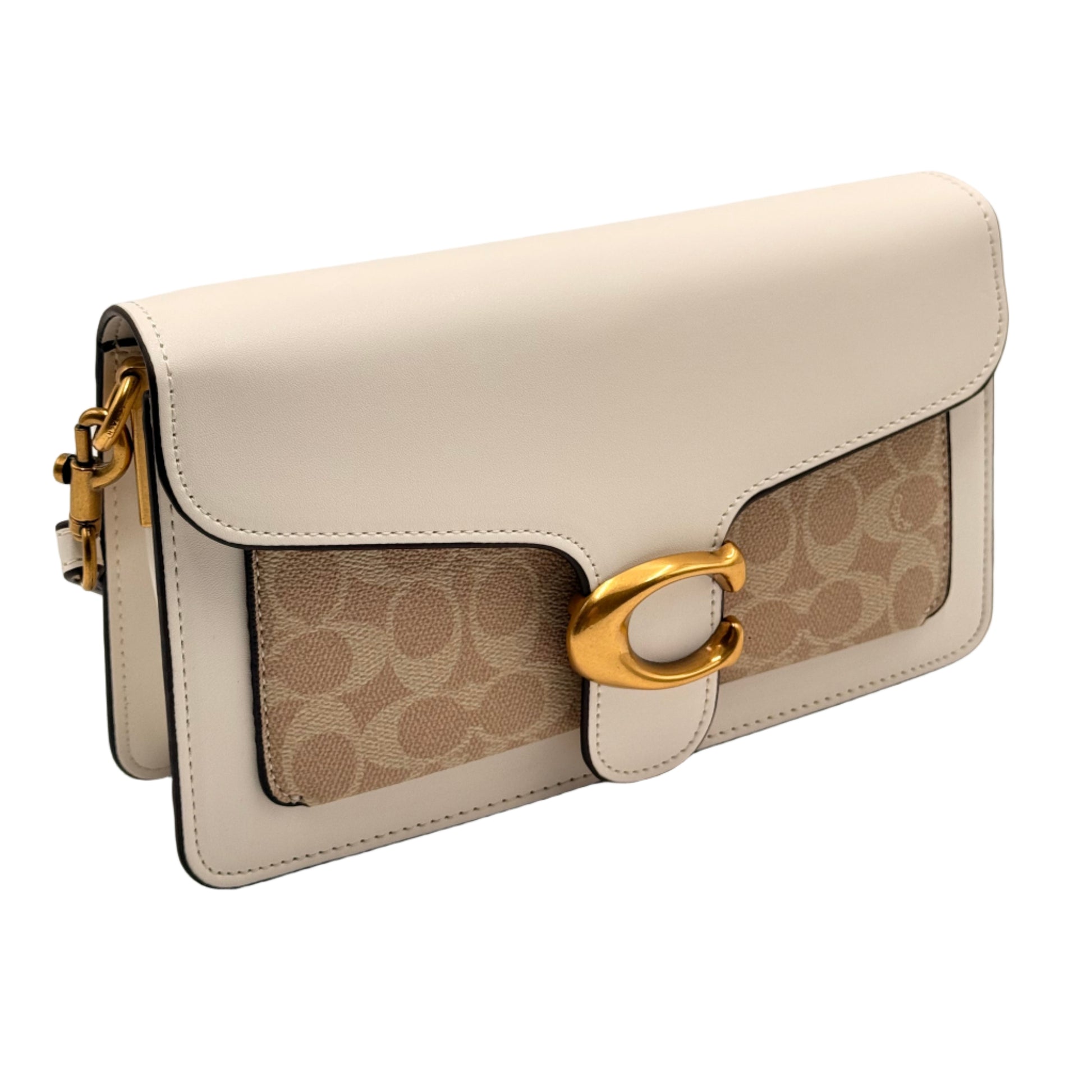 Designer handbag with gold clasp on a light gray background