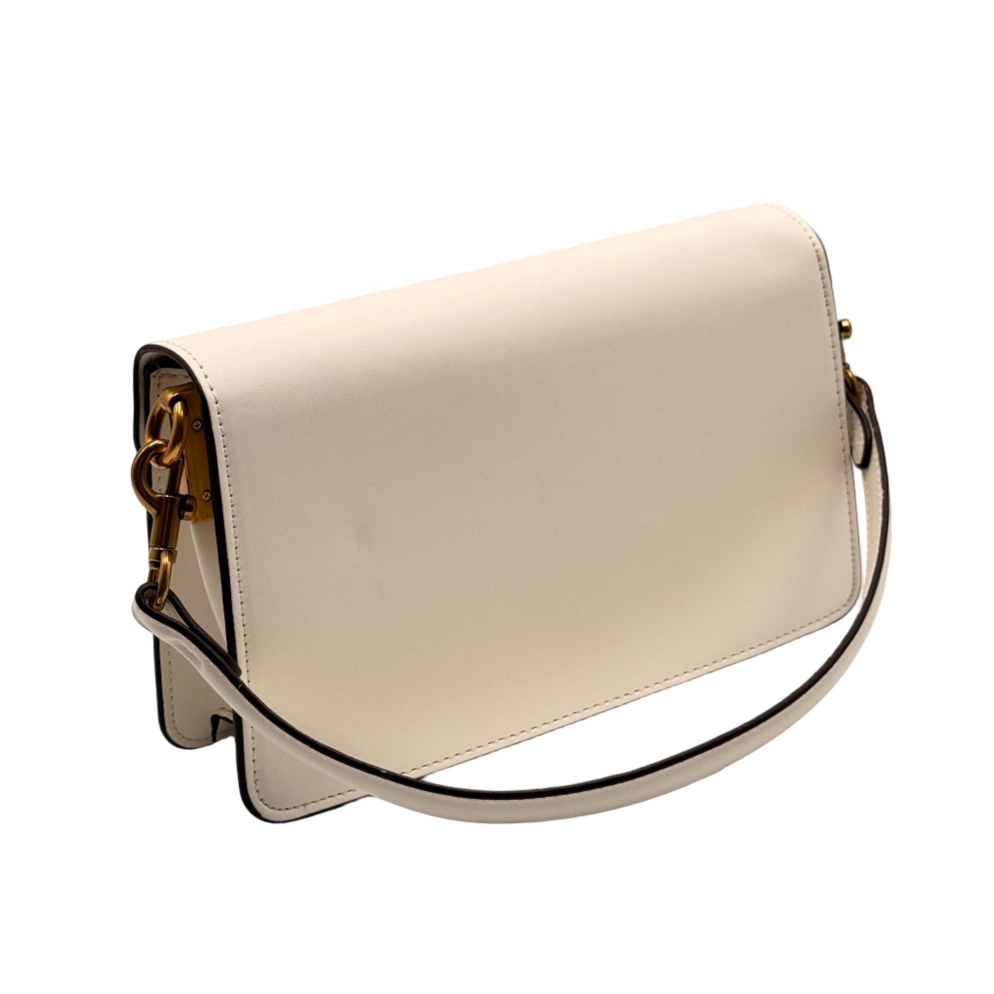White handbag with a strap on a light gray background