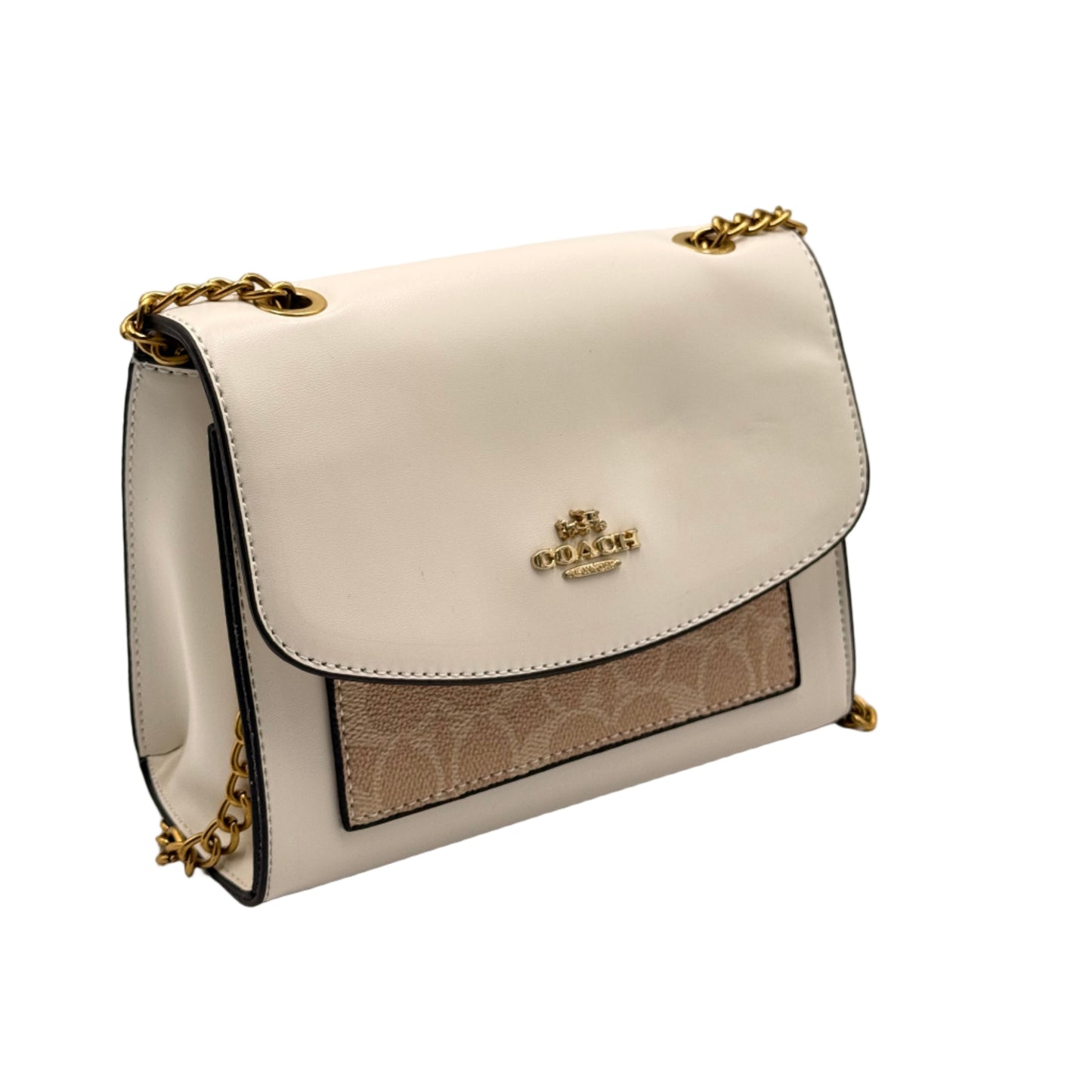 White handbag with gold chain strap on a light gray background