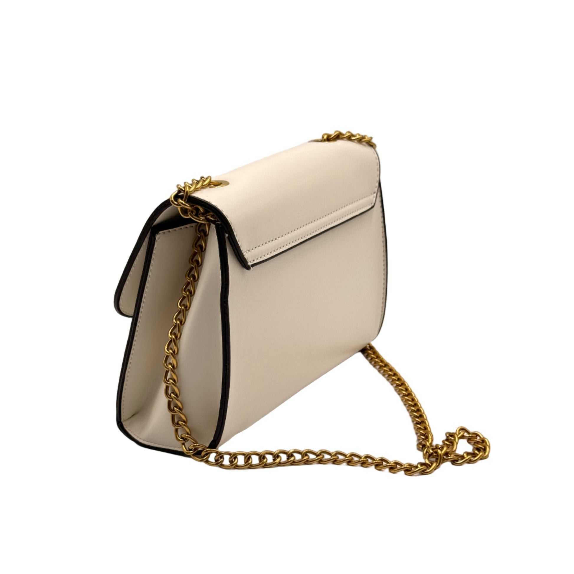 White handbag with a gold chain strap on a light gray background