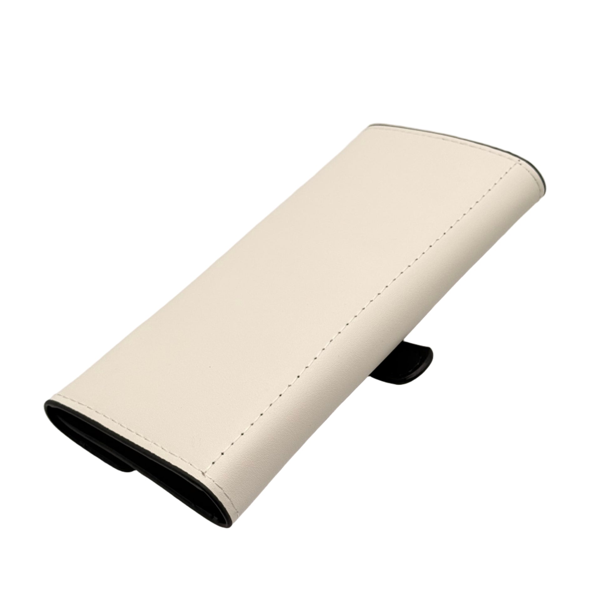 White leather wallet with black accents on a light gray background