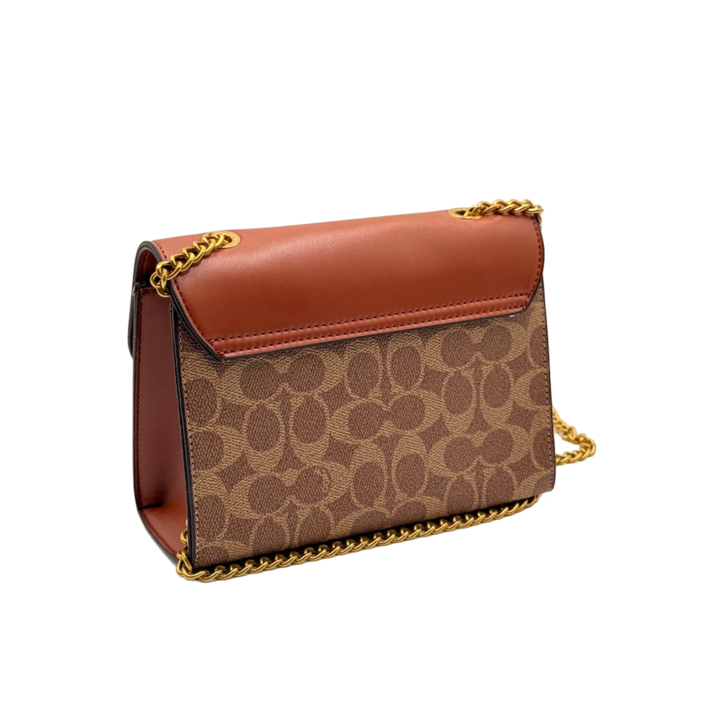 Brown handbag with gold chain strap on a light gray background