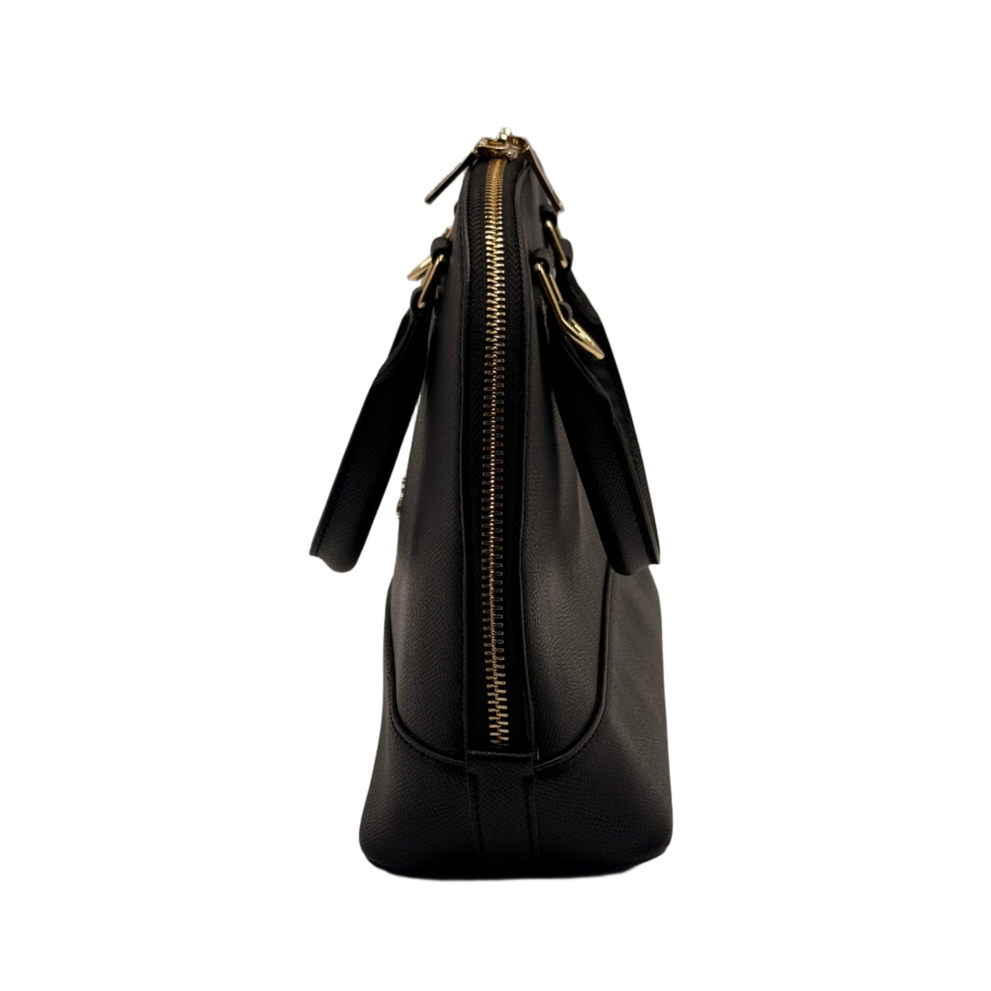 Black handbag with gold zipper on a light gray background