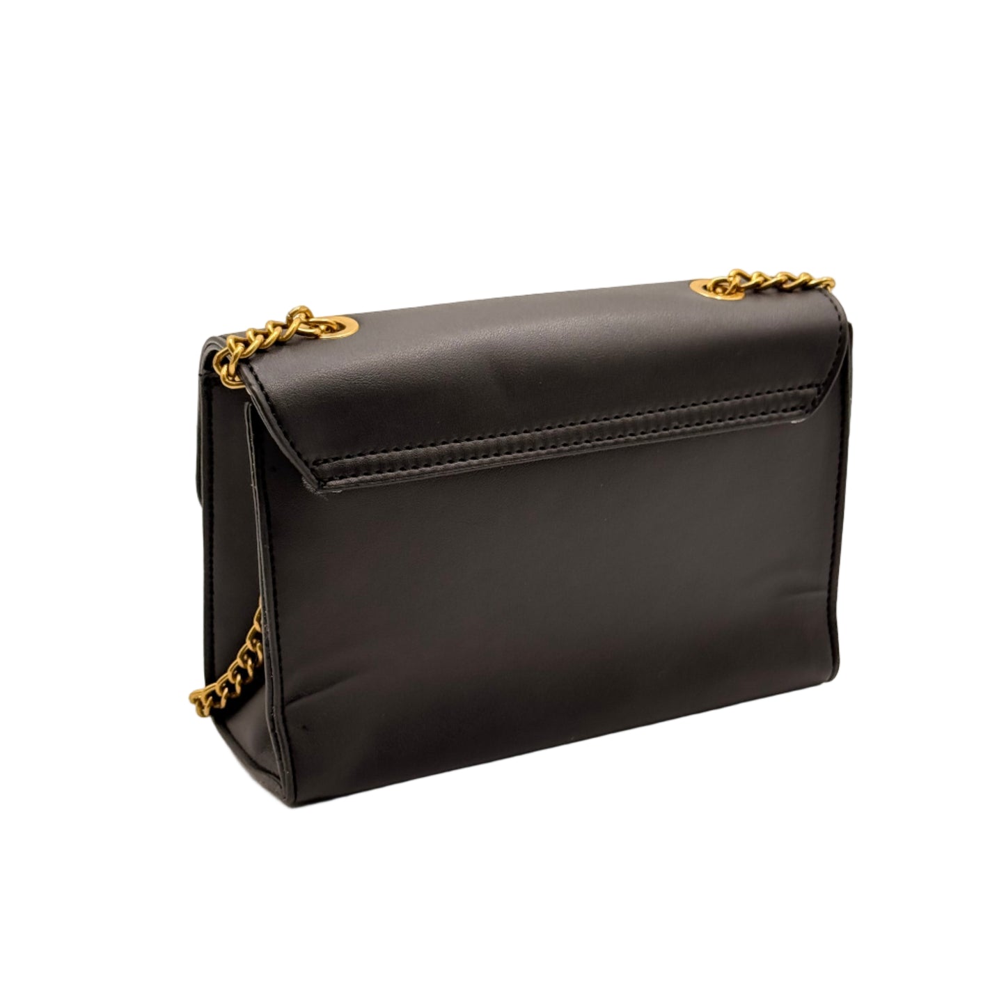 Black handbag with gold chain on a light beige background