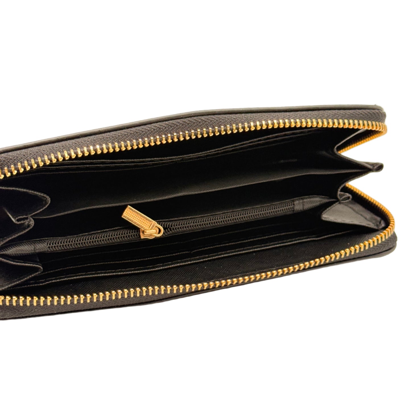 Black wallet with gold zipper on a beige background