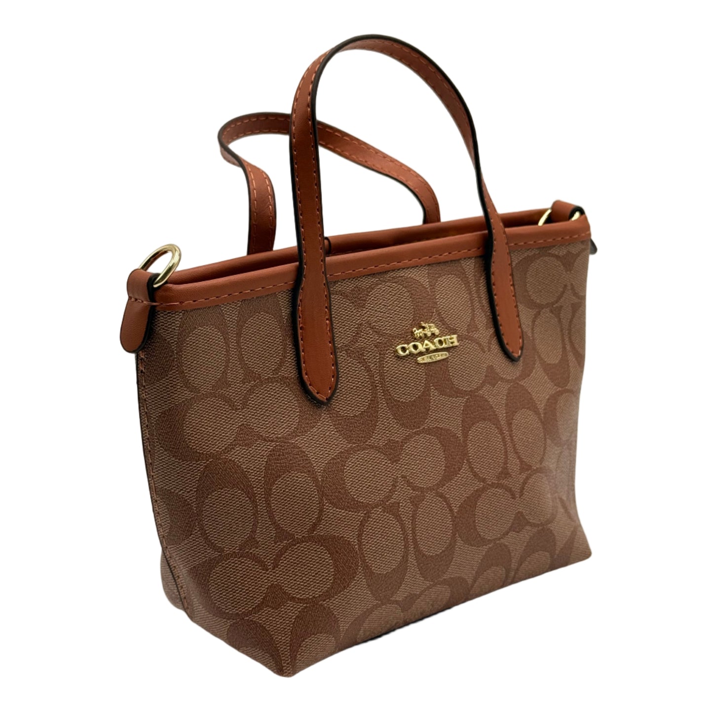 Brown handbag with a visible brand logo on a light gray background