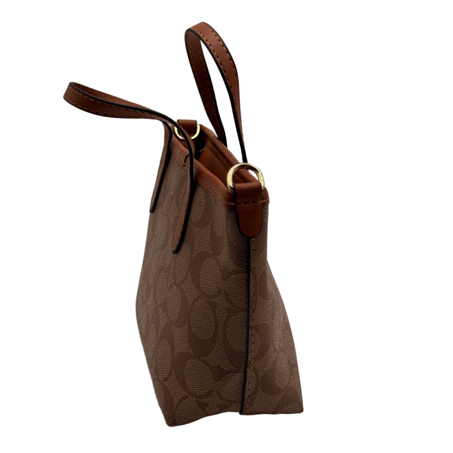 Brown handbag with leather strap on a light gray background