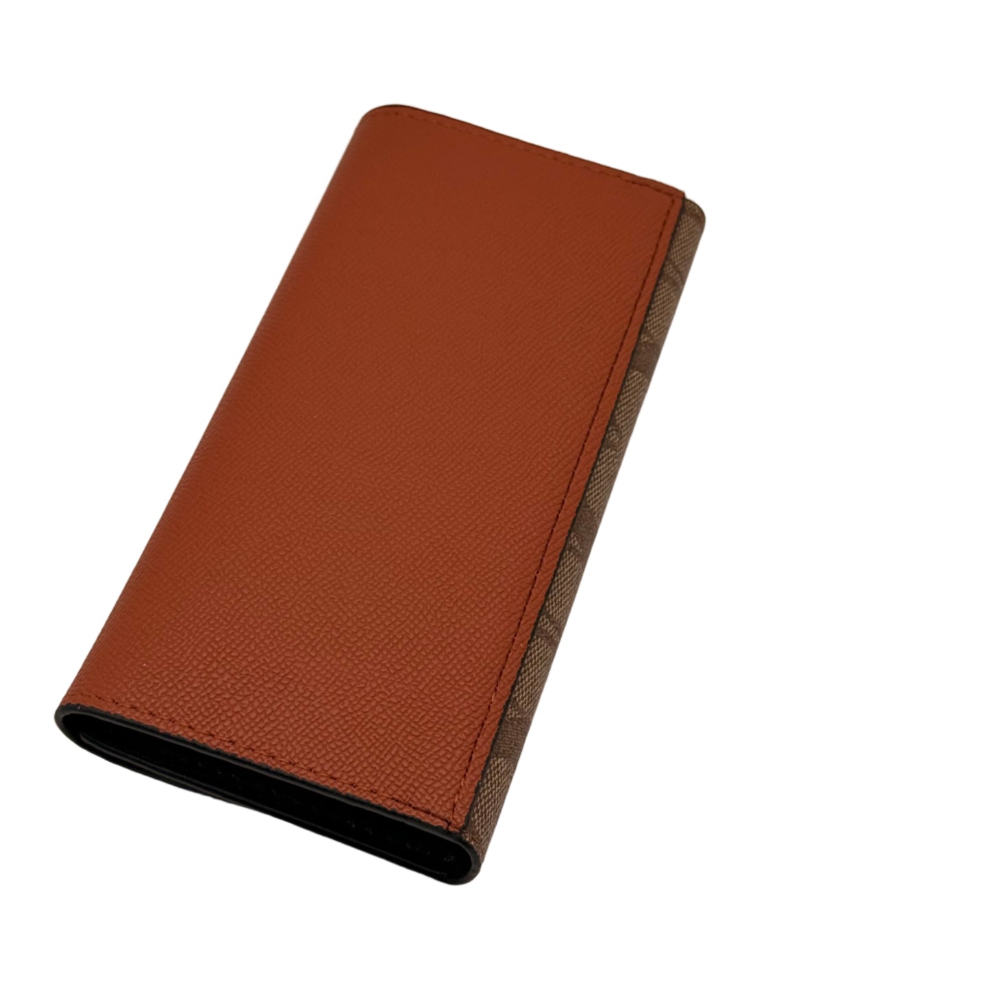 Brown wallet with a gray flap on a light beige background