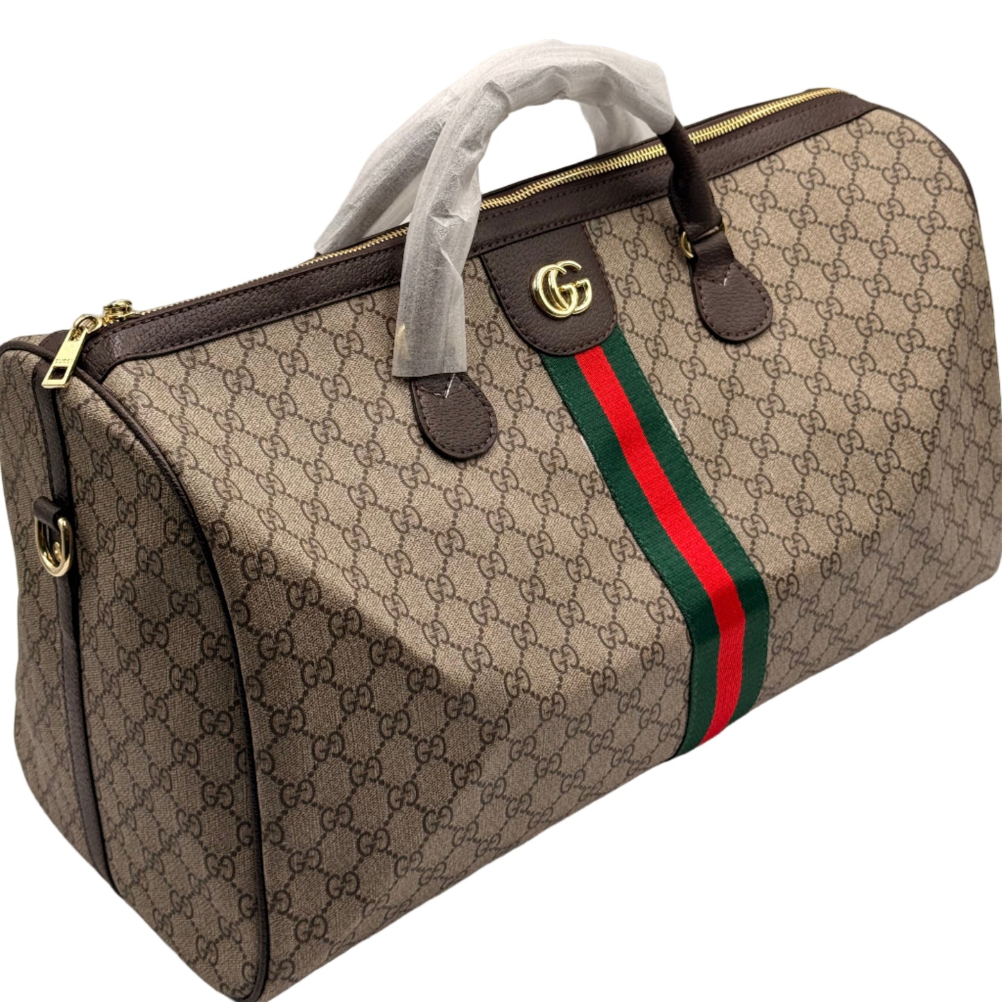 Designer bag with distinctive logo and color stripe on a light gray background