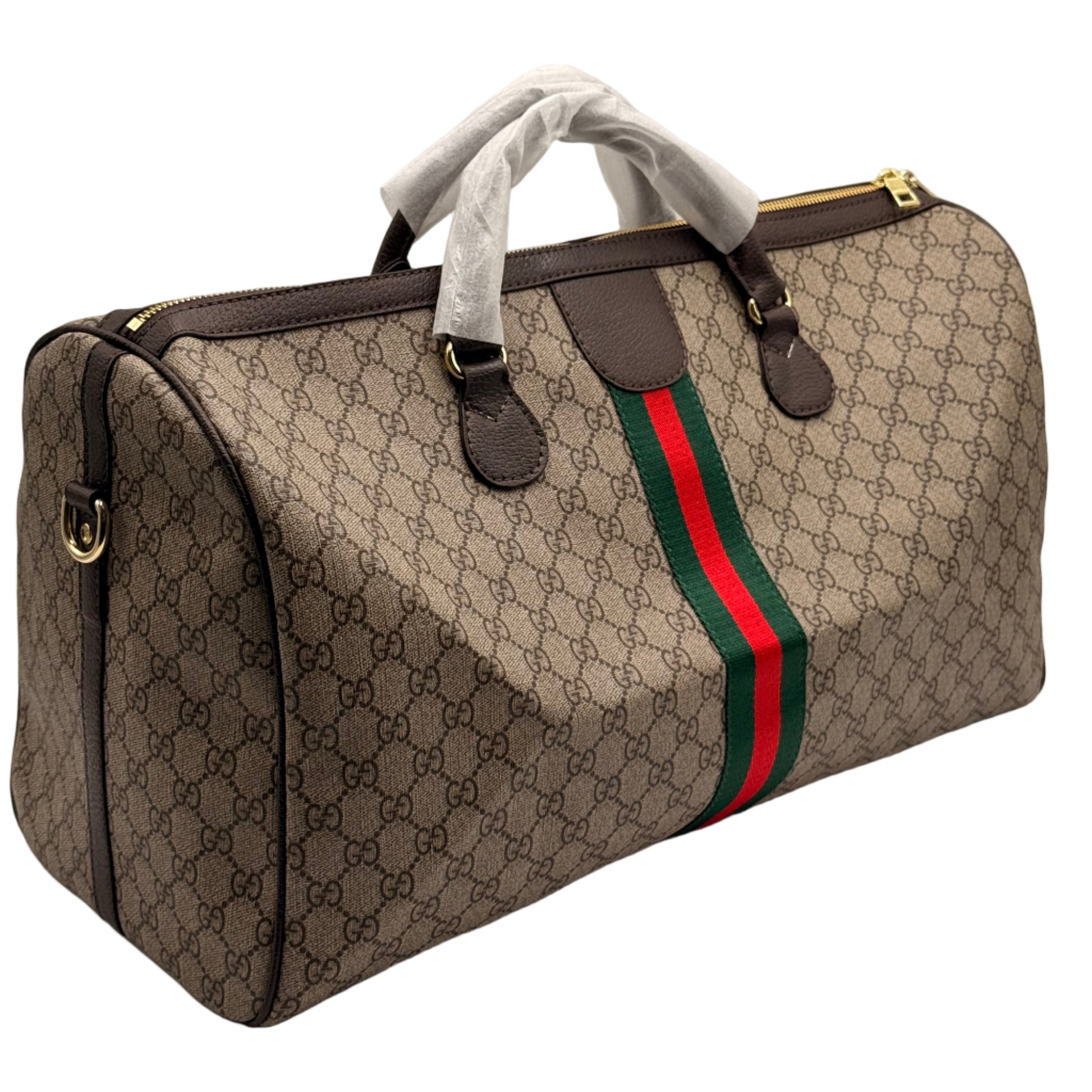 Designer bag with monogram pattern and colorful stripe on a light gray background