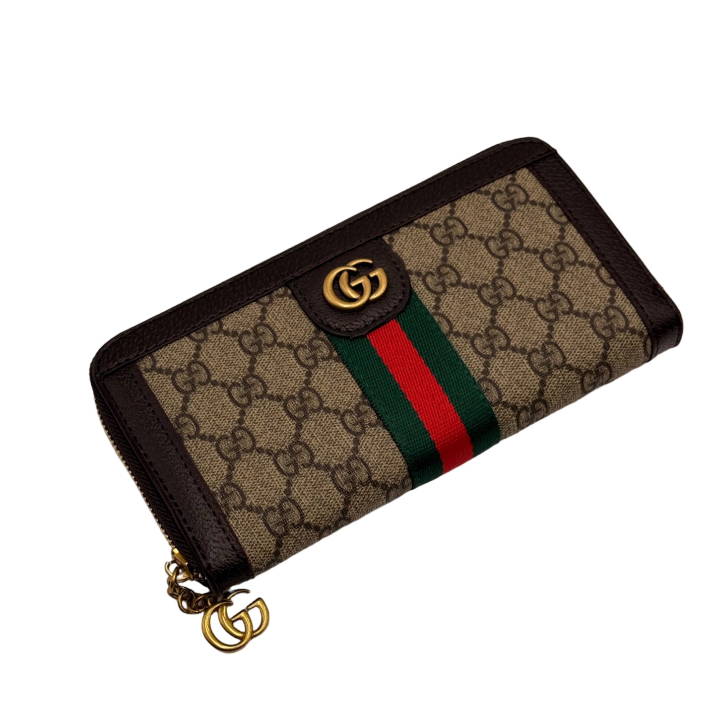 Designer wallet with brand logo and color stripe on a light gray background